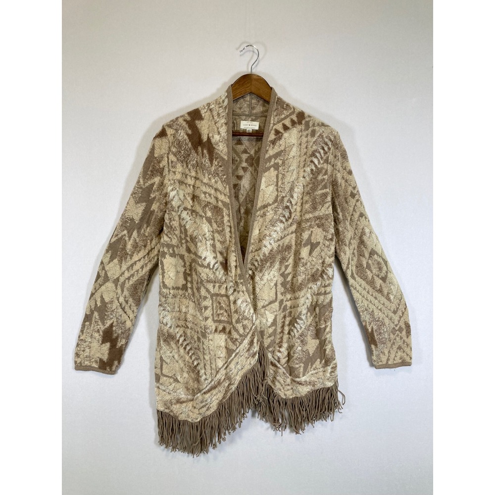 Boho‎ Southwestern Lucky Brand Womens Medium Tan Geometric Fringe Open Cardigan